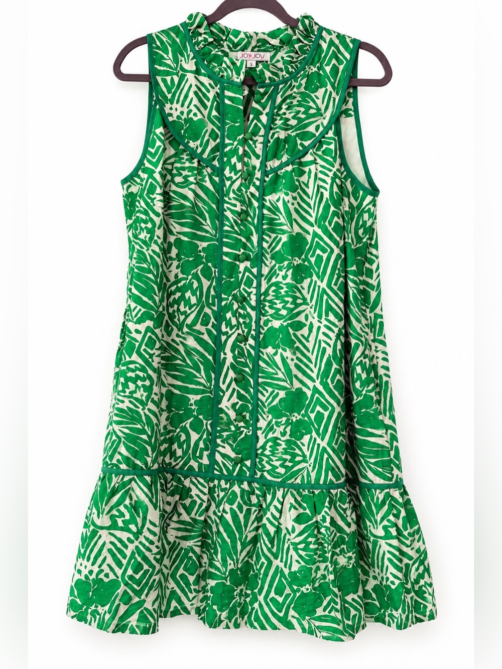 Joy Joy Green & White Tropical Print Sleeveless Ruffle Dress Size Small